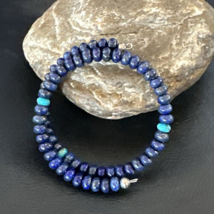Navajo Lapis Turquoise Heishi Bracelet | Stainless Steel Memory Wire 6mm | Authentic Native American Handmade | 17614
