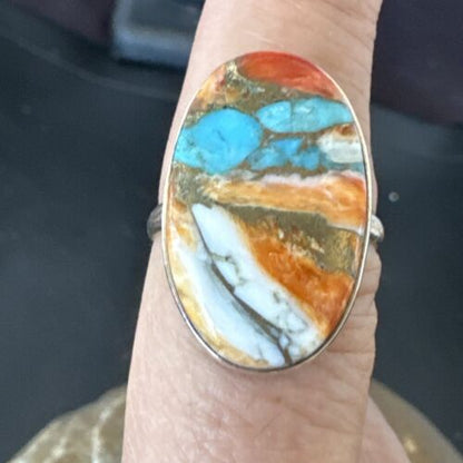 Navajo Turquoise Spiny Oyster Ring | Sterling Silver | Sz 8 | Authentic Native American Handmade | 16609 - Masha USA