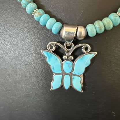Navajo Butterfly Blue Ridge Turquoise Inlay Pendant | Sterling Silver Necklace | Authentic Native American Handmade | 17059