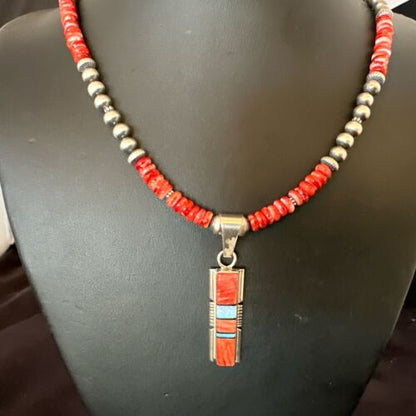 Red Spiny Oyster Opal Inlay Pendant Necklace | Navajo Sterling Silver | 16886