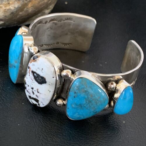 Navajo Kingman White Buffalo Turquoise Row Cuff Bracelet | Sterling Silver | Authentic Native American Handmade