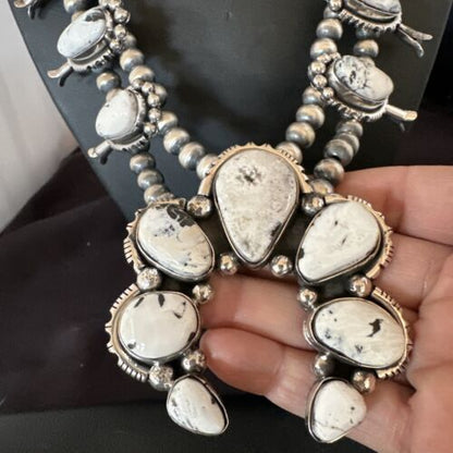 Navajo White Buffalo Turquoise Pendant Earrings | Sterling Silver Squash Blossom Necklace | 17443