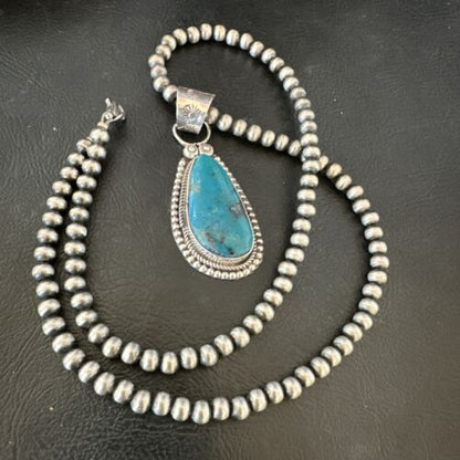 Navajo Pearls Kingman Turquoise Pendant Necklace | Sterling Silver | Authentic Native American Handmade | 17129