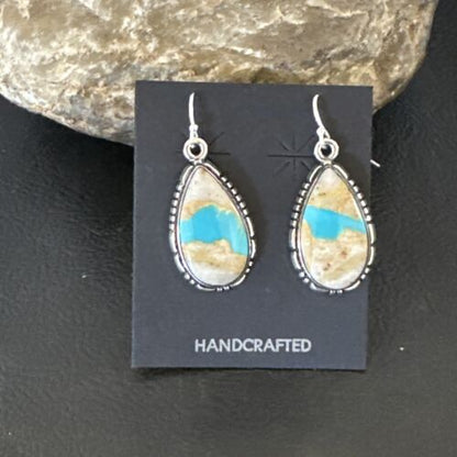 Navajo Blue Boulder Turquoise Dangle Earrings | Sterling Silver | Authentic Native American Handmade | 16503