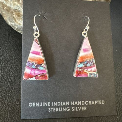 Navajo Blue Turquoise & Purple Spiny Oyster Inlay Dangle Earrings | Sterling Silver | 15564