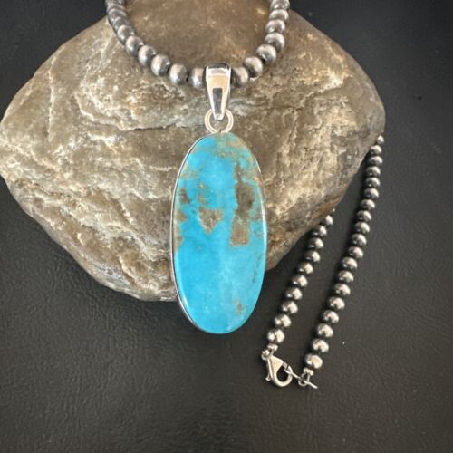 Navajo Blue Kingman Turquoise Pendant Necklace | Sterling Silver | 20" | Authentic Native American Handmade | 16693