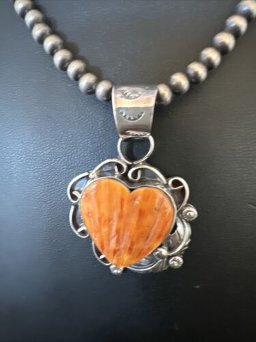 Navajo Orange Spiny Oyster Heart Pendant Necklace | Sterling Silver | Authentic Native American Handmade | 16423