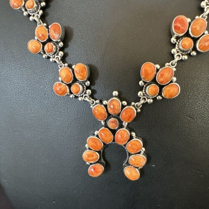 Navajo Orange Spiny Oyster Squash Blossom Necklace | Sterling Silver | Authentic Native American Handmade | 16830