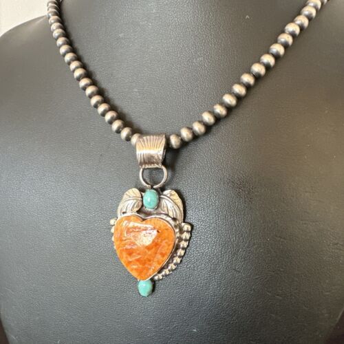 Navajo Spiny Oyster Heart | Turquoise Pendant Necklace | Sterling Silver | Authentic Native American Handmade | 16457