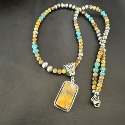 Men's BumbleBee Jasper Pendant Necklace | Navajo Pearls | Sterling Silver | Authentic Native American Handmade | 16880 - Masha USA