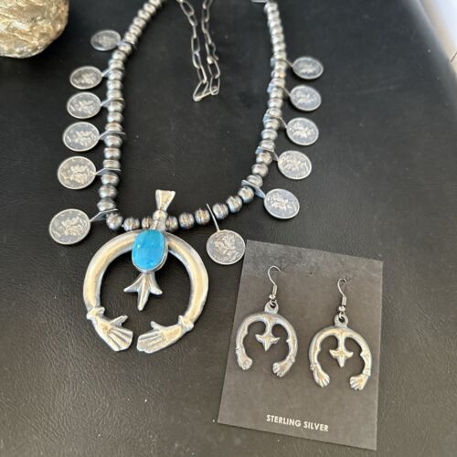 Navajo Kingman Turquoise Naja Pendant Necklace | Sterling Silver | Authentic Native American Handmade | 15158