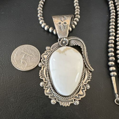 Navajo White Buffalo Turquoise Pendant Necklace | Sterling Silver | Authentic Native American Handmade | 15618