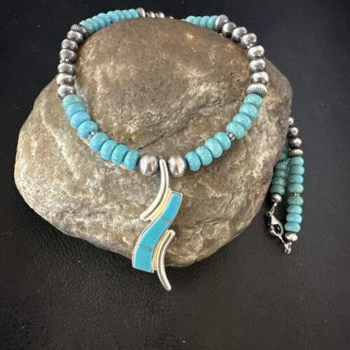 Navajo Blue Kingman Turquoise Inlay Pendant Necklace | Sterling Silver | 21" | Authentic Native American Handmade | 16931
