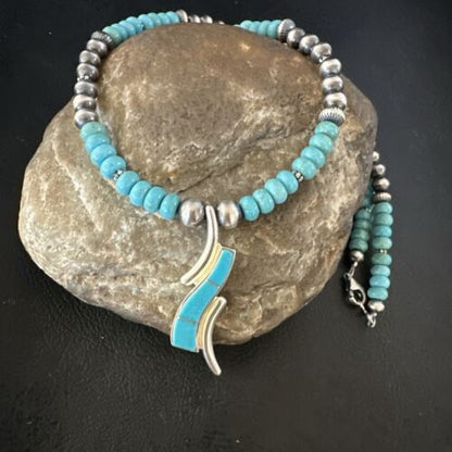 Navajo Blue Kingman Turquoise Inlay Pendant Necklace | Sterling Silver | 21" | Authentic Native American Handmade | 16931