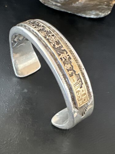 Navajo Sterling Silver Cuff Bracelet | 12K Gold Pueblo Stamped by V Hicks | Authentic Native American Handmade | 15989