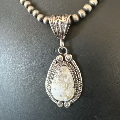 Navajo White Buffalo Turquoise Pendant Necklace | Sterling Silver | Authentic Native American Handmade | 17512 - Masha USA