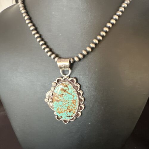 Navajo Blue #8 Turquoise Pendant Necklace | Sterling Silver Pearls | Authentic Native American Handmade | 15508
