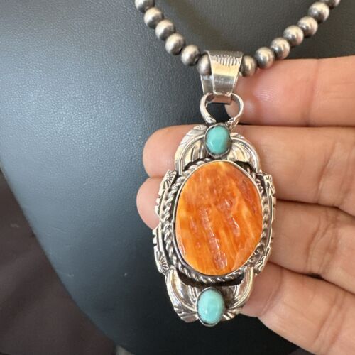 Navajo Spiny Oyster | Blue Turquoise Pendant Necklace | Sterling Silver | Native American Handmade | 16458