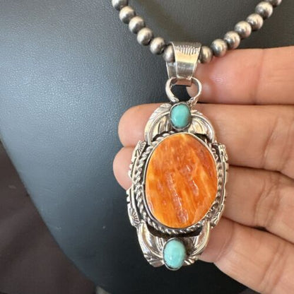 Navajo Spiny Oyster | Blue Turquoise Pendant Necklace | Sterling Silver | Native American Handmade | 16458