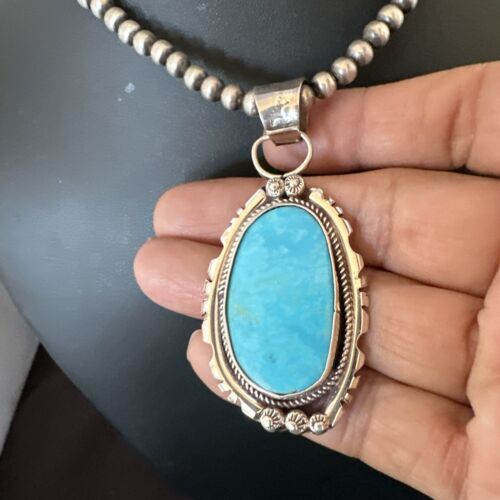 Navajo Pearls Kingman Turquoise Pendant Necklace | Sterling Silver | Authentic Native American Handmade | 17133