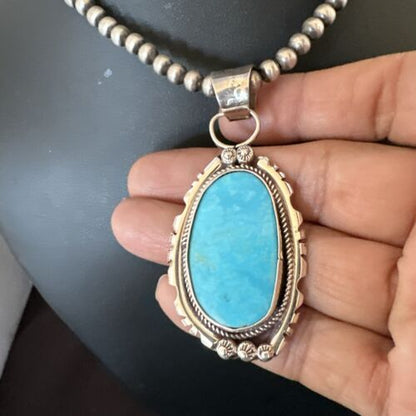Navajo Pearls Kingman Turquoise Pendant Necklace | Sterling Silver | Authentic Native American Handmade | 17133