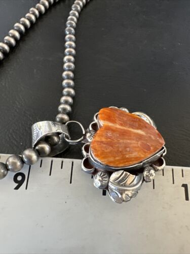 Navajo Orange Spiny Oyster Heart Pendant Necklace | Sterling Silver | Authentic Native American Handmade | 16425