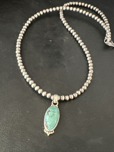 Navajo Pearls Kingman Turquoise Pendant Necklace | Sterling Silver | Authentic Native American Handmade | 14896