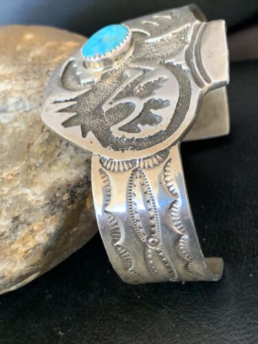 Navajo Sterling Silver Cuff Bracelet | Blue Kingman Turquoise | Men's | Authentic Native American Handmade
