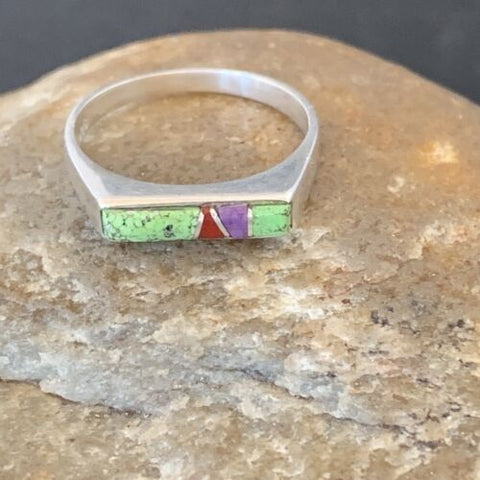 Gaspiete, Sugilite & Coral Navajo Sterling Silver Inlay Ring Size 5 11155