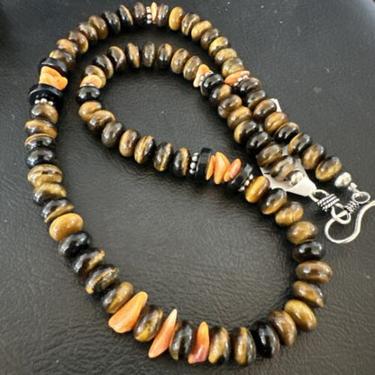 Navajo Tigers Eye Coral Necklace | Sterling Silver | 18" | Authentic Native American Handmade | 13312