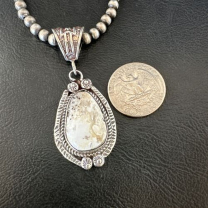 Navajo White Buffalo Turquoise Pendant Necklace | Sterling Silver | Authentic Native American Handmade | 17512 - Masha USA