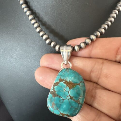 Navajo Blue Spiderweb Turquoise Pendant Necklace | Sterling Silver | Native American Handmade | 15572