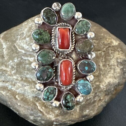 Navajo Spiderweb Turquoise Coral Cluster Ring | Authentic Native American Sterling Silver | Multi-Stone | Sz 10 | 17183
