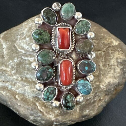 Navajo Spiderweb Turquoise Coral Cluster Ring | Authentic Native American Sterling Silver | Multi-Stone | Sz 10 | 17183
