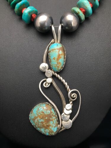Navajo Turquoise #8 & Spiny Oyster Pendant Necklace | Sterling Silver | 22" | Authentic Native American Handmade | 2635