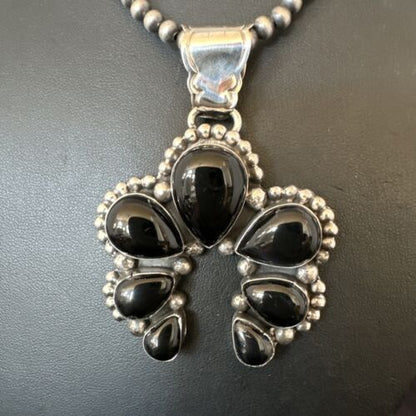 Navajo Men's Black Onyx Naja Pendant Necklace | Sterling Silver | 16103