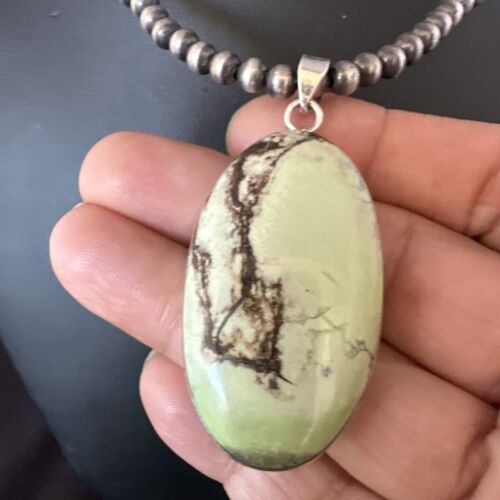 Navajo Green Gaspeite Pendant Necklace | Sterling Silver | Authentic Native American Handmade | 15483