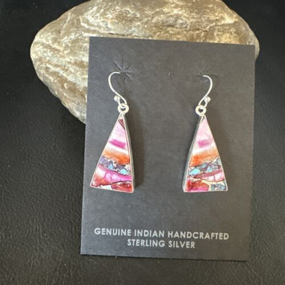 Navajo Blue Turquoise & Purple Spiny Oyster Inlay Dangle Earrings | Sterling Silver | 15564