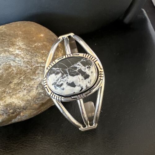 Navajo White Buffalo Turquoise Cuff Bracelet | Sterling Silver | Authentic Native American Handmade | 16251