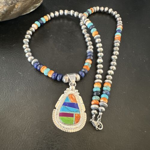 Navajo Lapis Spiny Oyster Turquoise Inlay Pendant Necklace | Sterling Silver | 21" | Authentic Native American Handmade | 16628