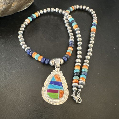 Navajo Lapis Spiny Oyster Turquoise Inlay Pendant Necklace | Sterling Silver | 21" | Authentic Native American Handmade | 16628