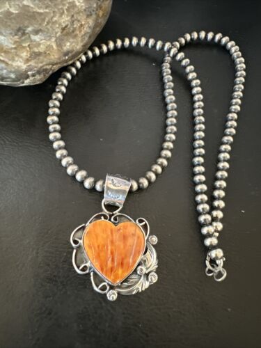 Navajo Orange Spiny Oyster Heart Pendant Necklace | Sterling Silver | Authentic Native American Handmade | 16423