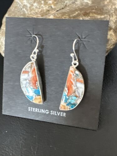 Navajo Blue Turquoise & Orange Spiny Oyster Inlay Dangle Earrings | Sterling Silver | 15584