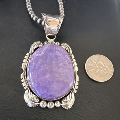 Navajo Purple Charoite Pendant with Pearls | Sterling Silver Necklace | Authentic Native American Handmade | 16653