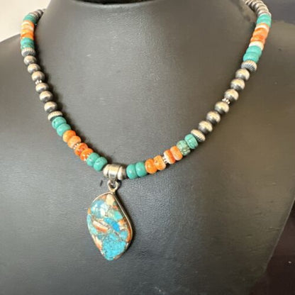 Navajo Spiny Turquoise Pendant Necklace | Sterling Silver | 22" | Authentic Native American Handmade | 17415
