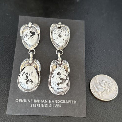 Navajo White Buffalo Turquoise Dangle Earrings | Sterling Silver | 2.5" | Authentic Native American Handmade | 14741