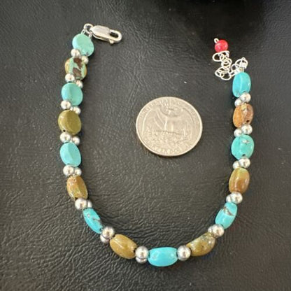 Women's Blue Turquoise Bead Bracelet | Southwestern Sterling Silver Link | 8" | 17232