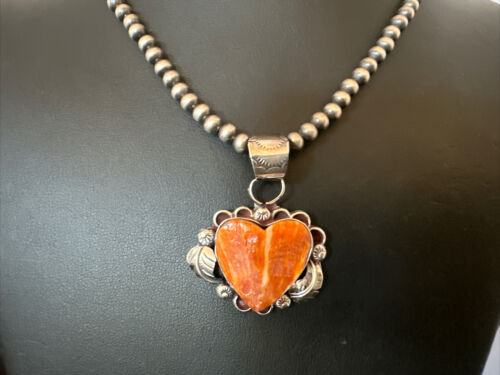 Navajo Orange Spiny Oyster Heart Pendant Necklace | Sterling Silver | Authentic Native American Handmade | 16425