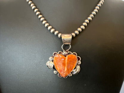 Navajo Orange Spiny Oyster Heart Pendant Necklace | Sterling Silver | Authentic Native American Handmade | 16425