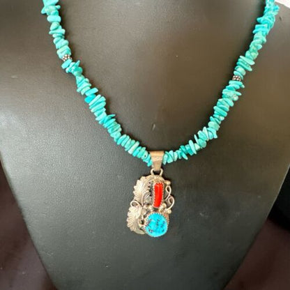 Navajo Blue Turquoise Coral Pendant Necklace | Sterling Silver Pearls | 20" | Authentic Native American Handmade | 17541